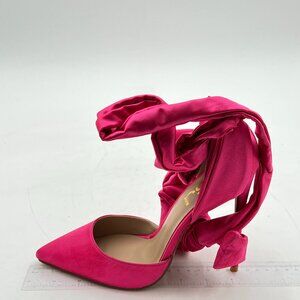 FSJ Hot Pink Satin Pointed Toe Wrap Stiletto Heels